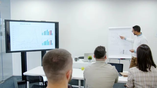 Professional presentation on sales trends with charts and engaged team. SAAS marketing business models for UK software firms: self-serve, sales-led and hybrid