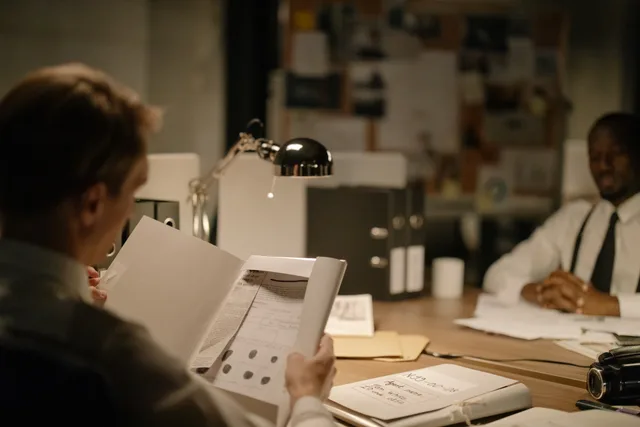 Detectives reviewing documents in a dimly lit office. Focus on investigation process. How to run SAAS marketing competitor research with a dated evidence sheet