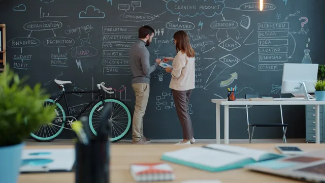 Team members brainstorming innovative ideas on a chalkboard in a vibrant office space. When to review your SAAS marketing risk scenarios as channels shift