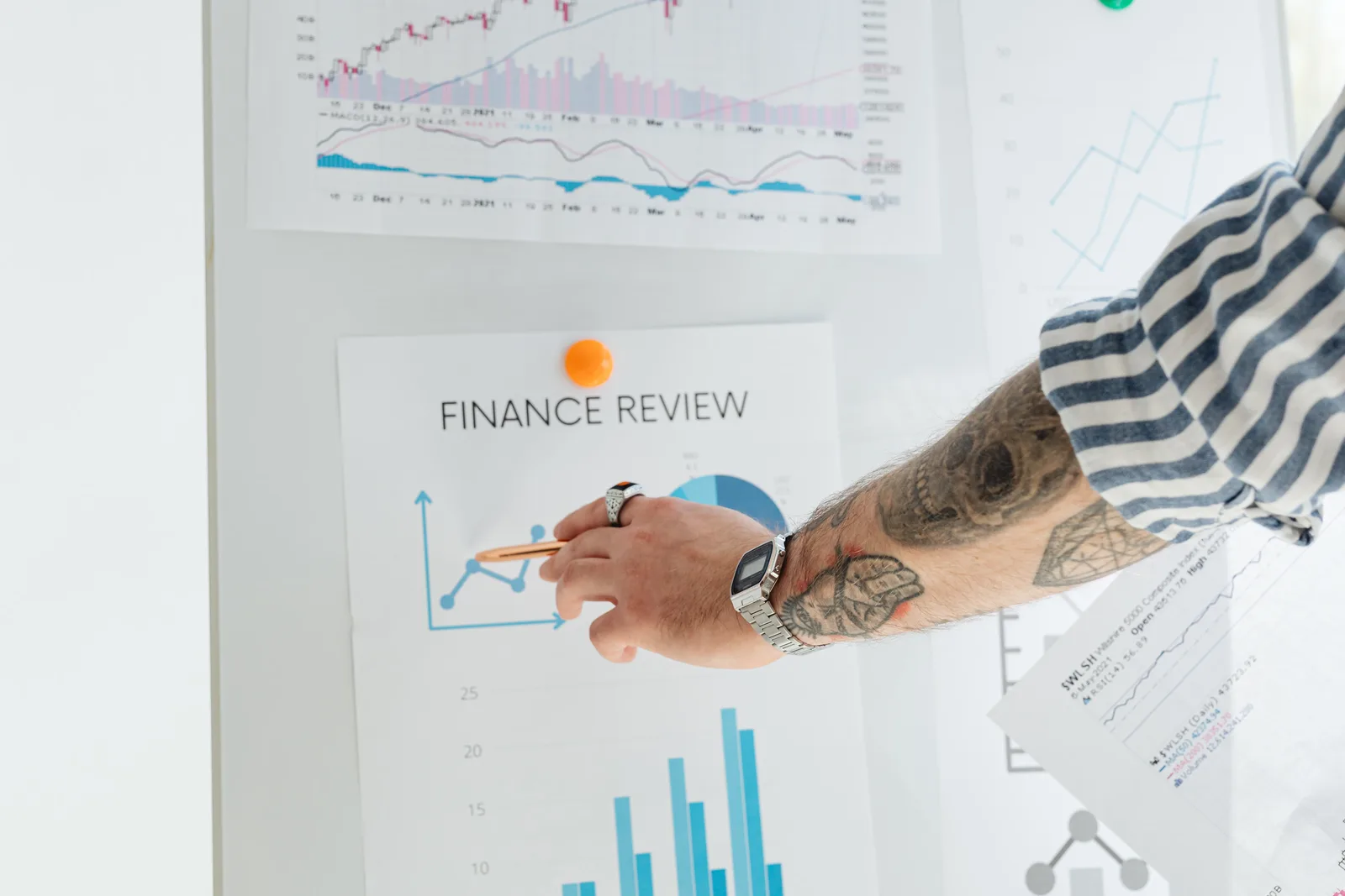 A person with tattooed arms presenting financial data using charts and graphs on a whiteboard.