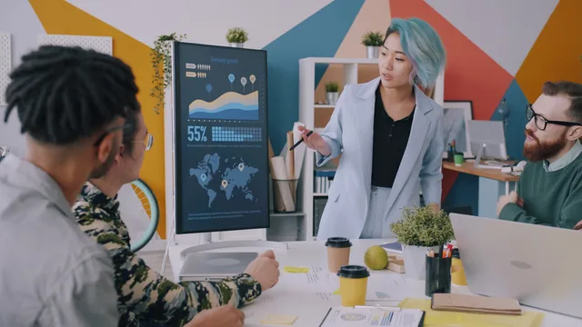A dynamic business presentation showing company growth with a team discussion. SAAS marketing strategy mistakes to avoid without burning budget