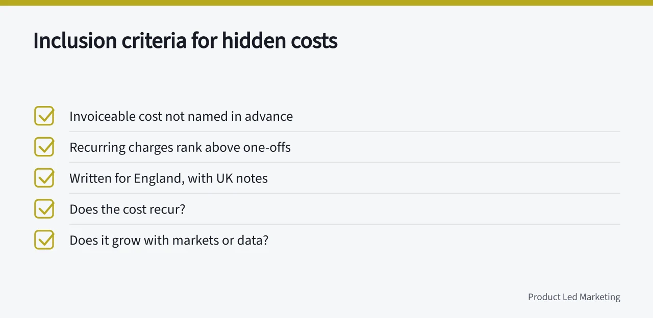 Checklist of inclusion criteria for hidden SaaS marketing costs (SAAS marketing hidden costs often arrive after the contract is signed)